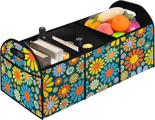 Hippie Flower Car Trunk Storage Box with Pockets Car Accessory for SUVs Cars Automotive Organizer