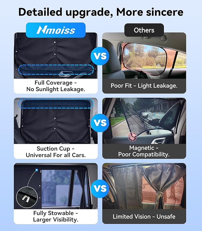Nmoiss [2026 Upgraded] Car Window Shades for Baby [Ice Crystal Cooling Layer] (2 Pack) 99% UV-Blocker Protection Side Window Curtains Roll Windows Down Privacy Full Covers/Half Shade Options