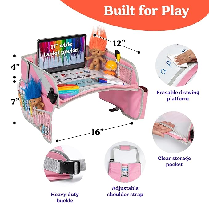 PILLANI Kids Travel Tray for Car Seat - Carseat Tray w/ iPad Holder & Dry Erase Board, Road Trip Activities - Toddler Lap Desk Organizer for Airplane - Roadtrip & Travel Essentials - Pack of 2, Pink