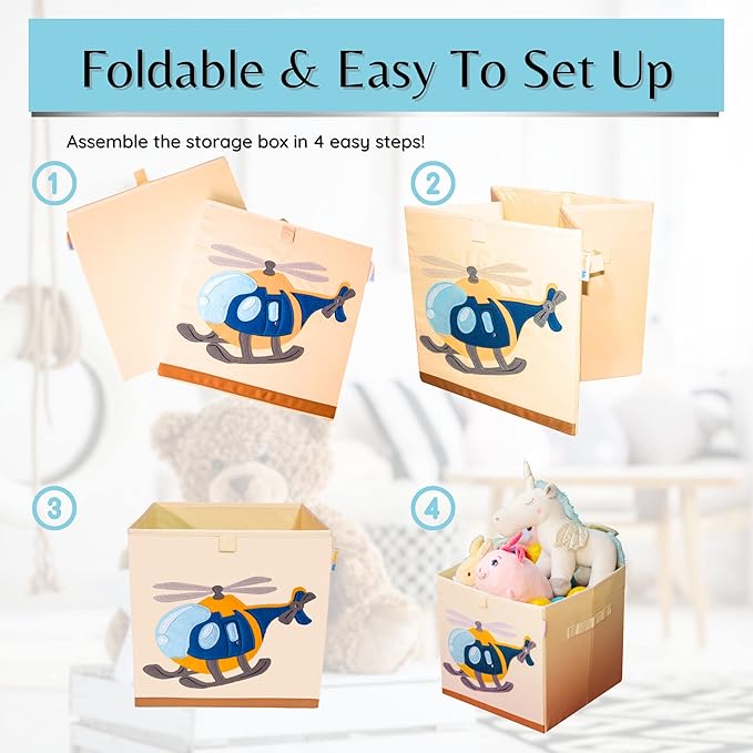Washable Cube Storage Organizer Bins, Foldable Canvas Toy Organizers and Storage for Toys, Books, Clothes- Kids Storage Bins for Bedroom or Playroom-13x13x13 Inch (Helicopter)