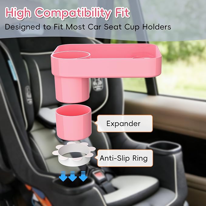 Kids Car Seat Tray, Travel Tray with Cup Holder for Toddler Baby, Kids Car Seat Food Snack Organizer for Road Trip, Stroller Snack Organizer Travel Must Haves Toddler Must Haves (Pink, 1 Pack)