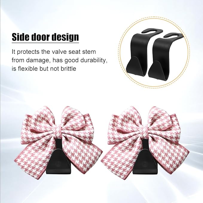 Cute Bow Car Seat Headrest Hooks, 2PCS Multifunctional Vehicle Rear Seat Hanging Hooks, Automotive Interior Seatback Storage Organizer for Purses Bags, Universal Fit (Pink/Houndstooth)