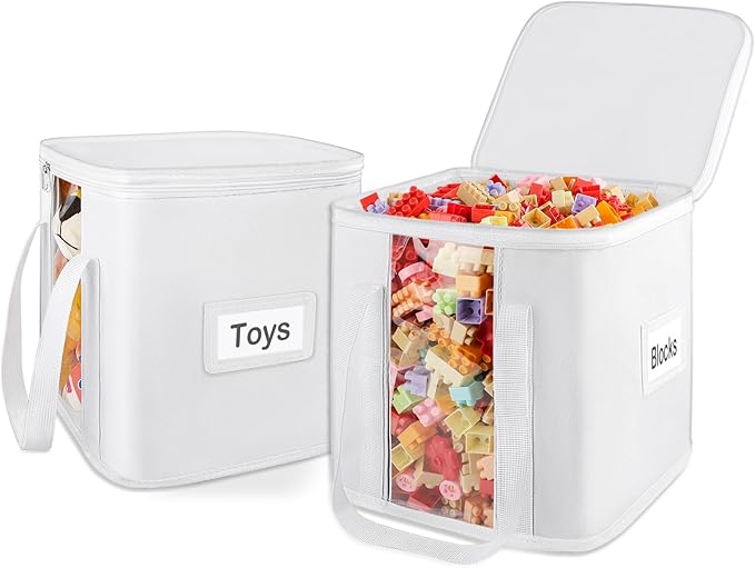 2PCS Toy Cube Storage Bin: Kids Building Blocks Organizer Bag with Zipper Lid & Handles, Clear Foldable Car Toy Container Box for Cubby Shelves, White Small Basket for Living Room, Closet, Playroom