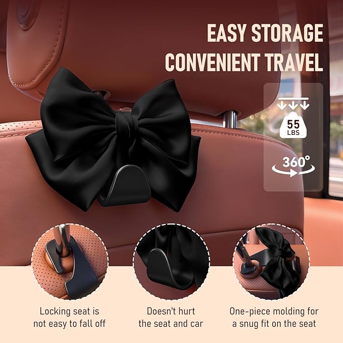 Bow Car Hooks for Purses and Bags, 2 Pack Cute Car Purse Hook, Universal Car Seat Headrest Hooks Bag Holder, Bow Car Accessories, Automotive Purse Hook Hanger Interior Decoration Accessories (Black)
