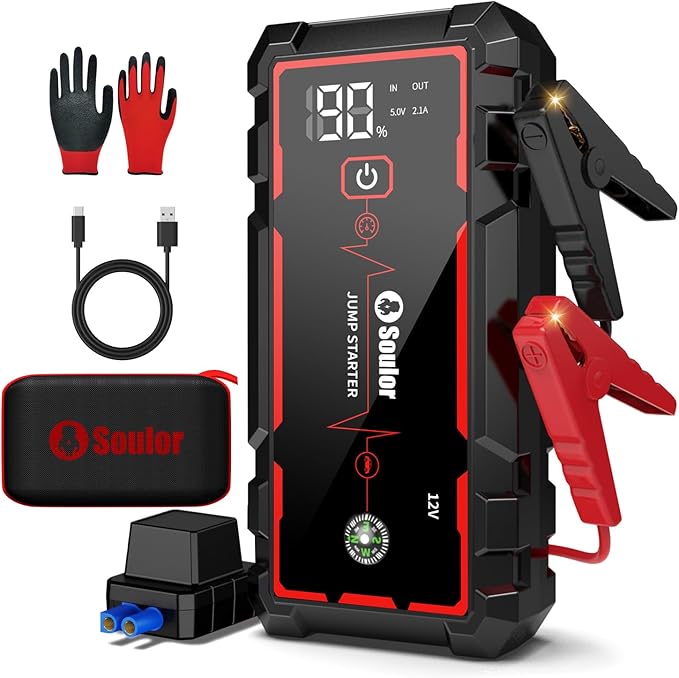 Jump Starter, 5000A Car Battery Jumper Starter Portable, Jump Box Battery Booster with 3 Modes Flashlight, Jumper Cables with Gloves