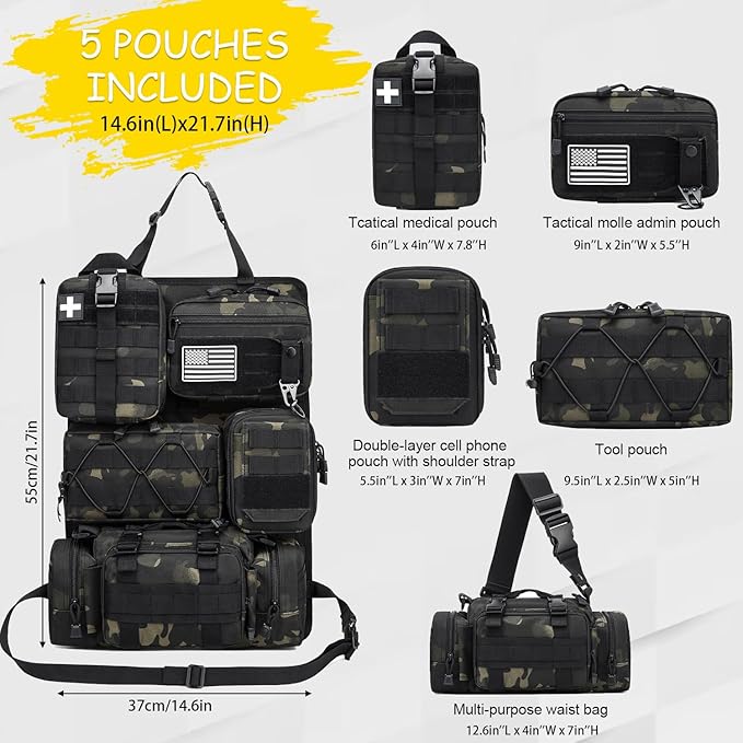 Tactical Car Seat Back Organizer, 2025 Upgrade Tactical Vehicle Panel Organizer with 5 Detachable Molle Pouch for Car Truck Ford Jeep Vehicle (Dark CM)