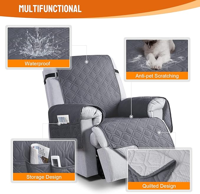 VANSOFY 100% Waterproof Recliner Chair Covers, Recliner Cover Non-Slip Dog Chair Cover Furniture Protector Washable Slipcover with Pocket, Elastic Straps for Kids Pets, Dogs(Dark Gray, 20")