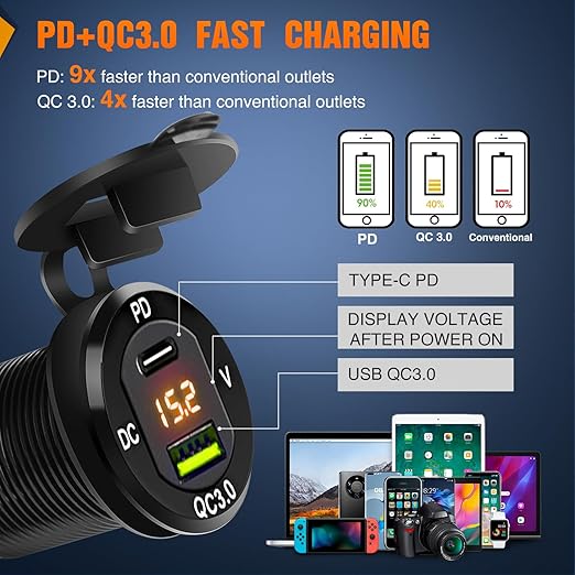Nilight 4 Gang Rocker Switch Box 12V SPST ON Off Toggle Switches PD Type C and QC 3.0 USB Sockcet Voltmeter Orange LED Light Waterproof Aluminum Mount Bracket Panel DIY Stickers for Boat Car RV Truck