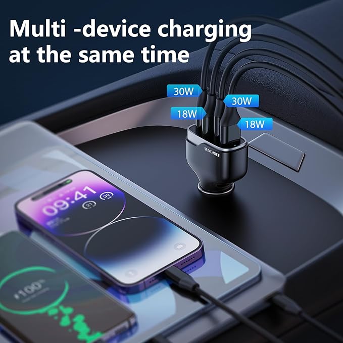 Car Phone Charger, SUNDAREE 60W 4 Ports USB c Car Charger Fast Charging Cigarette Lighter Adapter, Dual QC 3.0 18W & PD 30W Charger Compatible with iPhone 14 13 12 11 Pro, Samsung