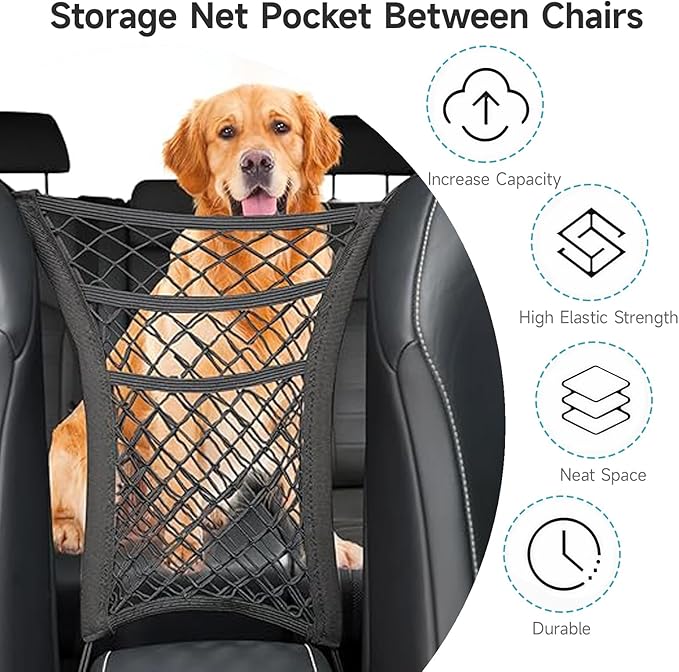 Dog Car Barrier Net with Storage Pockets Universal Adjustable 3-Layer Pet Cars Barrier with 4 Hooks for SUVs & Sedans Keep Pets Safe & Car Organized Cars Mesh Organizerm (M)