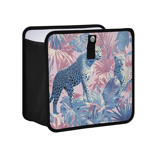 Car Trash Can Organizer Bin with Adjustable Strap for Back Front Seat Console Waterproof Leakproof Collapsible Portable 11 Inch Cute Cheetah and Palm Leaves