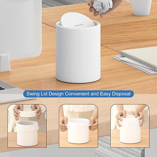 Mini Desk Trash Can with Lid for Desk,1.6L Brushed Stainless Steel Countertop Trash Can with Lid for Desktop Car Office Kitchen, Swing Top Trash Bin with a Roll of Trash Bag（White）