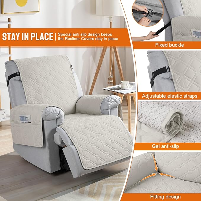 VANSOFY 100% Waterproof Recliner Chair Covers, Recliner Cover Non-Slip Dog Chair Cover Furniture Protector Washable Slipcover with Pocket, Elastic Straps for Pets, Dogs(Beige, 23.6")