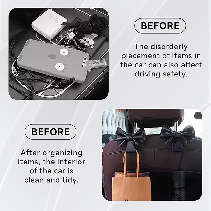 2 PCS Car Seat Headrest Hooks, Cute Bow Shaped Vehicle Backseat Storage Hooks, Leather Bow Shaped Sturdy Car Seat Back Hook for Purses/Coats (White)