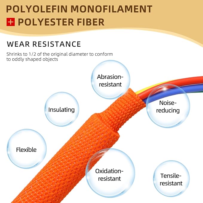 2:1Heat Shrink Braided Cable Sleeve,19.89FT 6mm（15/64″） Orange Wire Wrap Sheath Protection Insulated Flame-Retardant Wire Wrapping Protector and Organizer.
