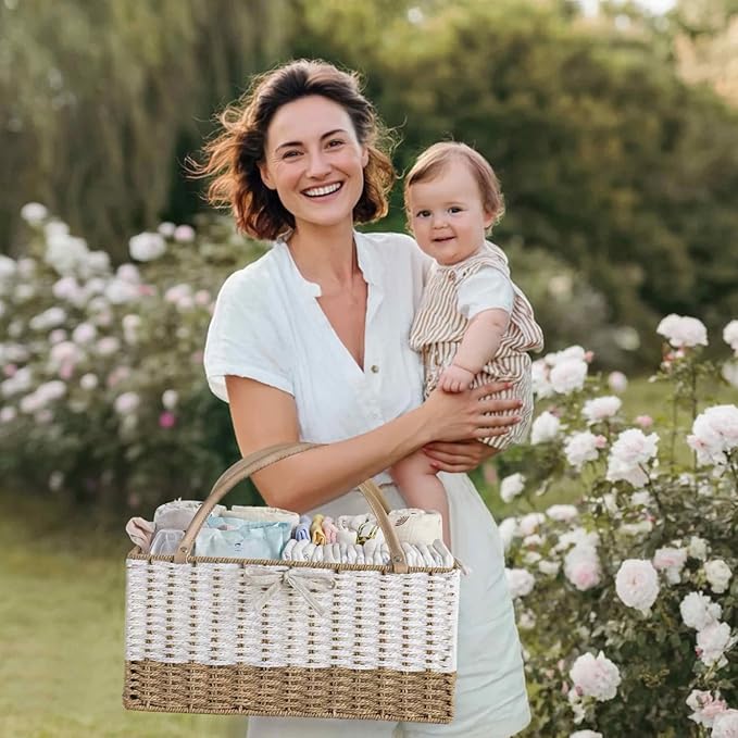 HBlife Diaper Caddy Organizer, Large Hand-Woven Storage Basket for Diapers & Baby Essentials - Modern Fashion Colorblock Design, Ideal Gift for Baby Shower & Registry Must-Have