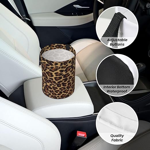 Cheetah Leopard Print Car Trash Bag Hanging Back of Seat Portable Car Trash Bag Cheetah Leopard Waterproof One-Handed Portable Strap Drawstring Garbage Bags with 2 Pieces Car Coasters