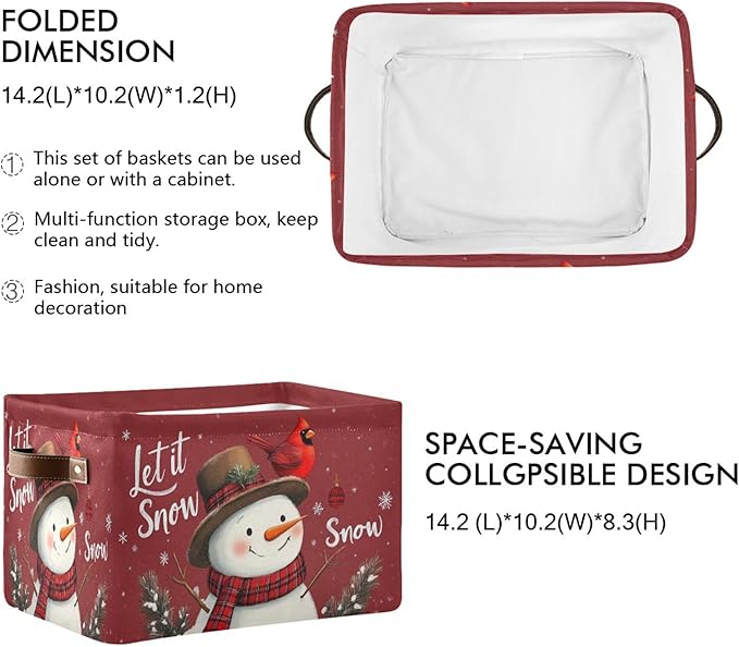 Winter Snowman Cardinal Birds Storage Basket with Waterproof Liner and PU Handles Let It Snow Christmas Red Storage Bins Boxes 14.2" Collapsible Decorative Baskets for Bedroom Closet Office 1 Pack
