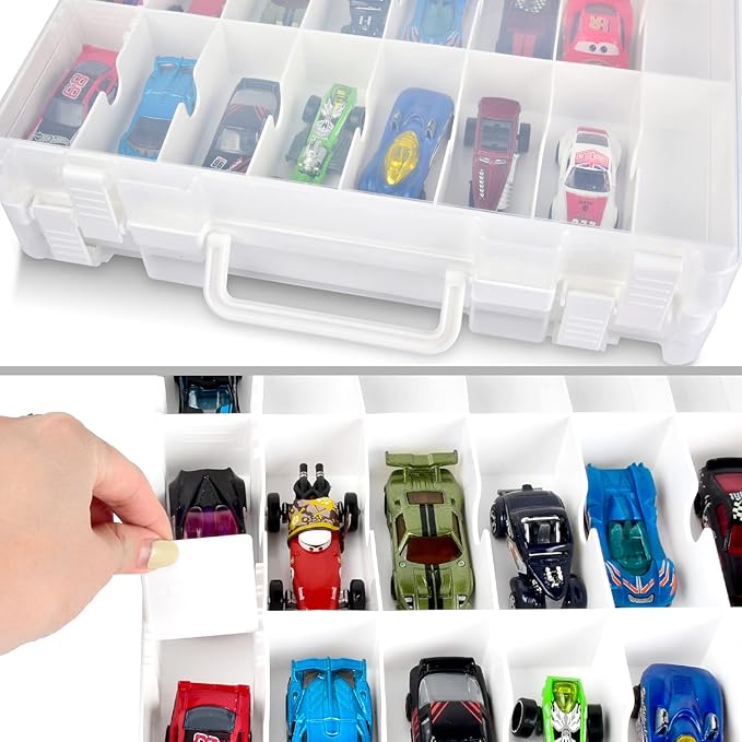 ALCYON Double Sided Toy Storage Organizer Case for Hot Wheels Car, Matchbox Cars, Mini Toys, Small Dolls, Carrying Box Container Carrier with 48 Compartments - Upgrade (Box Only)