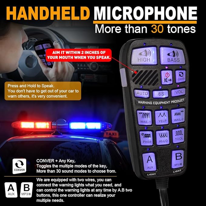 Emergency Police Siren 200W Multi-Tones PA System Slim Speaker Sirens with Handheld Controller & Mic Microphone Warning Electronic Alarm Horn Kit for Tow Truck Car Vehicles Pickup UTV ATV POV RV
