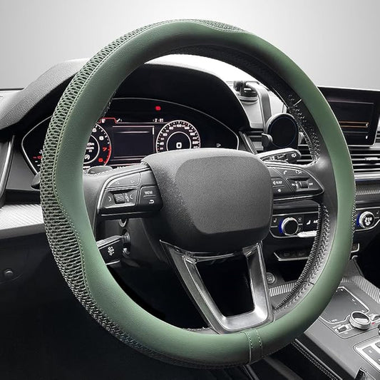 LKWLIKEI Car Steering Wheel Cover, Universal 15 inch, the Latest Microfiber Leather Breathable Technology Fabric, Non-Slip, Comfortable, Warm in Winter and Cool in Summer, Green