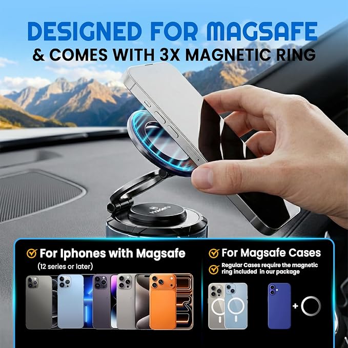 Magnetic Phone Holder for Car - MagSafe Compatible Car Mount | 3 Holder Bundle (Dashboard, Air Vent & Steering Side) Strong Magnet & Nano Gel Suction for iPhone 17 Pro Max, 16, 15, 14 & Android