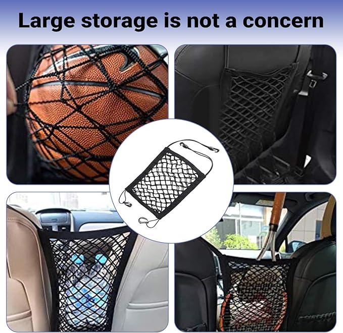 Car Pet Barrier Net, Double-layer Coarse Mesh Partition Between Front Seats, 11.4" x 10.2" Rear Seat Mesh Barrier with Storage, Universal for Most Cars, Trucks, SUVs (Black)