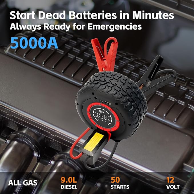 Jump Starter with Air Compressor, 5000A 150PSI Car Battery Jump Starter (All Gas/9.0L Diesel), 12V Jump Box Car Battery Jumper Starter Portable with Smart Jumper Cables, Tire Inflator, LED Light