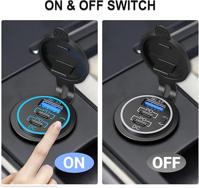 USB C Car Charger Socket – 58W Lengthened RV USB Outlet 12V Socket Dual 20W PD3.0 USB-C and 18W QC3.0 Car USB Port with Button Power Switch for Boat Marine Motorcycle