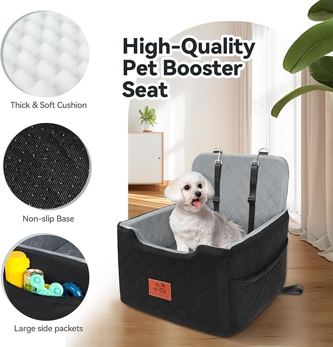 GL GLENSLAVE Dog Car Seat for Small/Medium Dogs Under 35lbs,Memory Foam Dog Booster Seats,Detachable and Washable Traval Pet Car Seat, Dogs Bed with 2 Safety Belts(Balck/Grey)