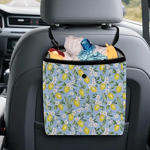 Lemon Floral Car Trash Can Cute Leakproof Car Garbage Bag Hanging Trash Bin Automotive Garbage Cans for Back/Front Seat/Console Car Accessories(Blue)