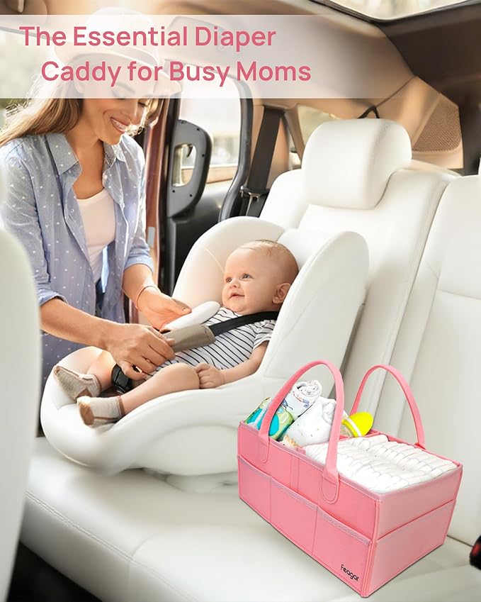 Feagar Baby Diaper Caddy Organizer, 15 Inch Large 2 Pack Set with 8 Pockets & 2 Dividers, Portable Nursery Storage Basket & Car Organizer for Changing Table, Travel (Pink)