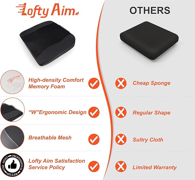 Lofty Aim Car Seat Cushion, Comfort Memory Foam Car Cushions for Driving - Sciatica & Lower Back Pain Relief, Driver Seat Pillow for Auto, Office Chair, Wheelchair - Black