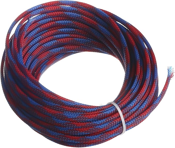 Aicosineg 32.81ft PET Flexible Braided Cable Sleeve 0.25inch Width Wire Loom Sleeving and Organizer Flexible Wire Mesh Sleeve Wrap Protector for TV Audio PC Cords from Pets Chewing Blue and Red
