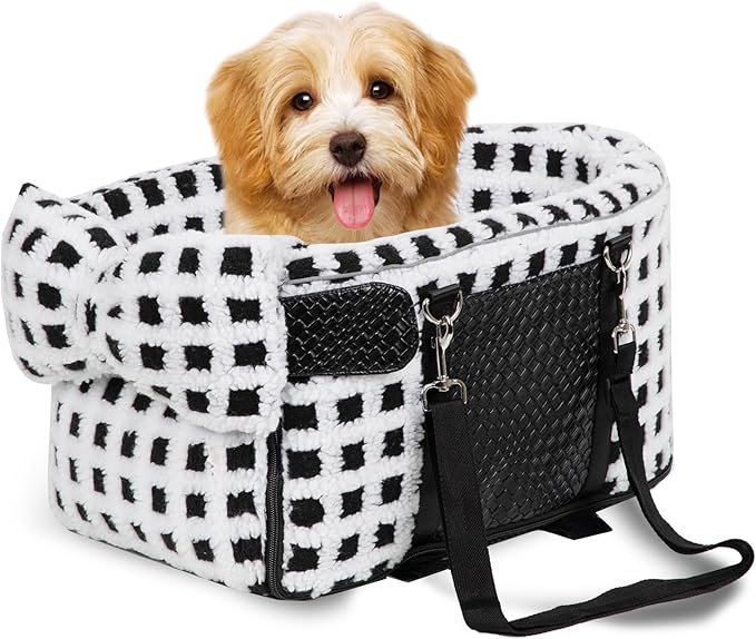 Prpeko Portable Dog & Cat Car Seat - Center Console Booster Seat with Pillow (Grid-White, Under 13 lbs)