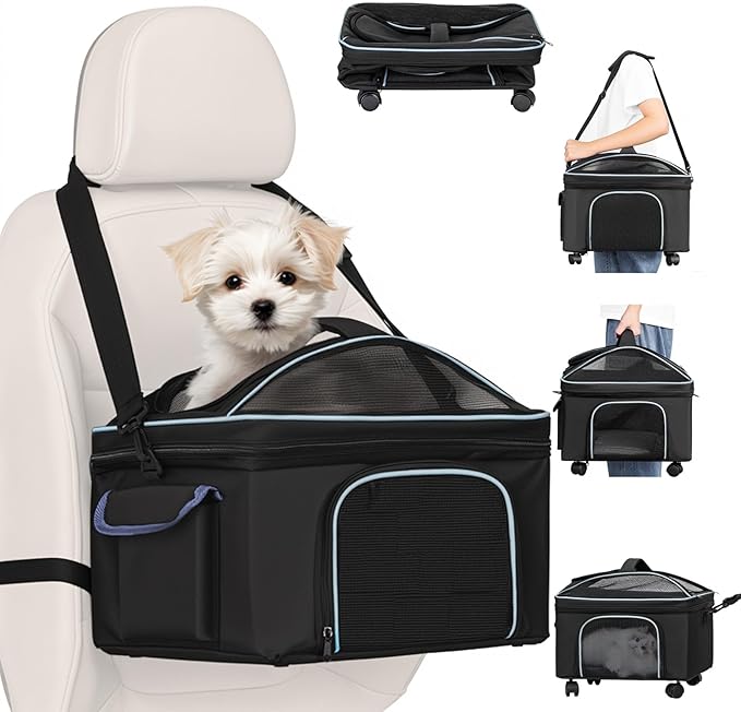 4-in-1 Cat Car Seat and Cat Carrier with Removable Wheels Booster Car Seats for Small Dogs Cats Comes with Shoulder Strap Clip-On Safety Leash and Thickened Pads, Pet Travel Carrier Bed up to 15lbs