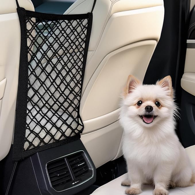rabbitgoo Dog Car Net Barrier for SUVs, Pet Barrier with Metal Hooks & Stretchable Mesh, Car Divider & Storage Bag, Easy to Install, Drive Safely with Children & Pets, 11.7"×11.7"