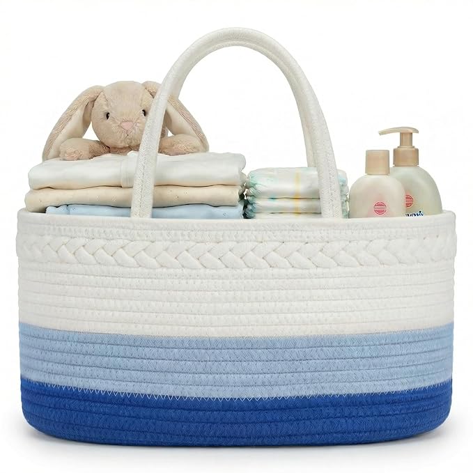 luxury little Diaper Caddy Organizer, Large Cotton Rope Nursery Baby Basket, Changing Table Organizer for Baby Diaper Storage, Portable Car Organizer Removable Divider (Blue, Extra Large)