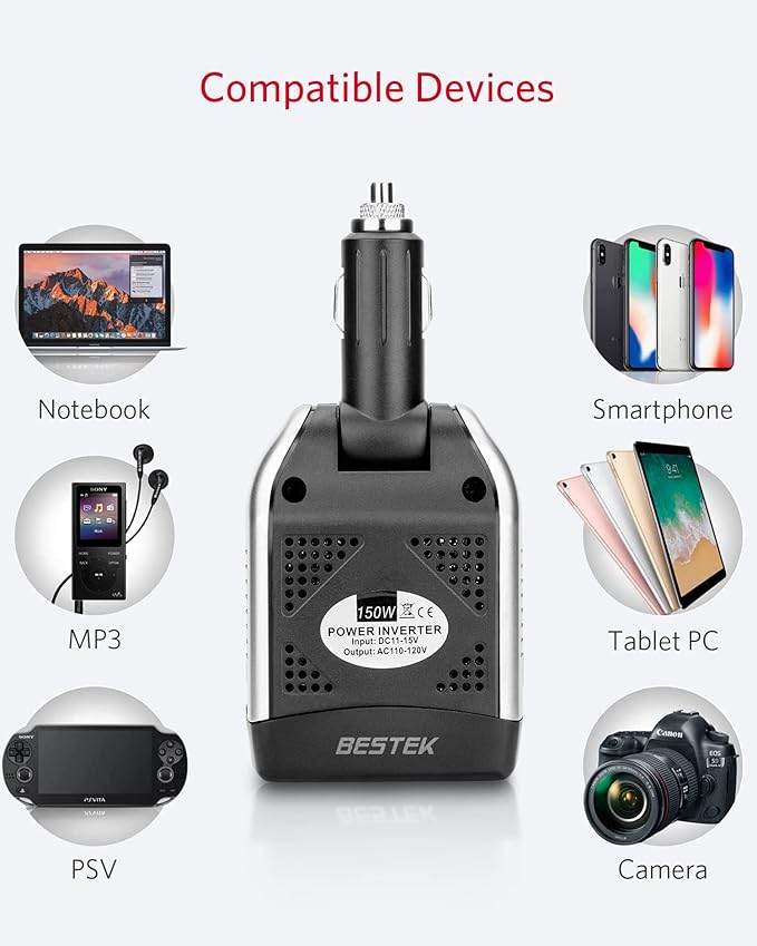 BESTEK 150W Power Inverter 12V to 110V Voltage Converter Car Charger Power Adapter with 3.1A Dual USB Charging Ports, Rotatable Plug & Safety Protection for Road Trip, Camping, Laptop