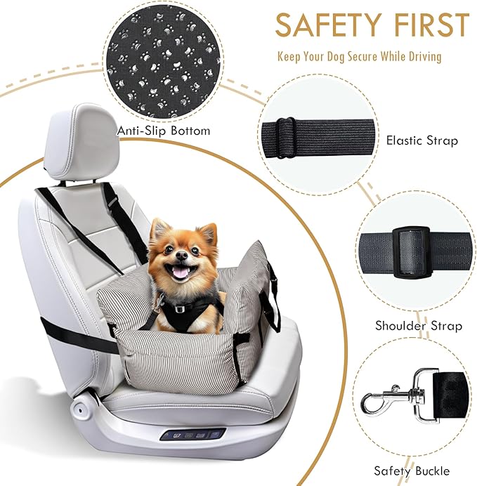 Dog Car Seats for Small Dogs, Puppy Car Seat Under 15 lbs, Small Dog Bed for Travel, Elevated Pet Seat with Safety Belt, Non-Slip Base, and Storage Pockets