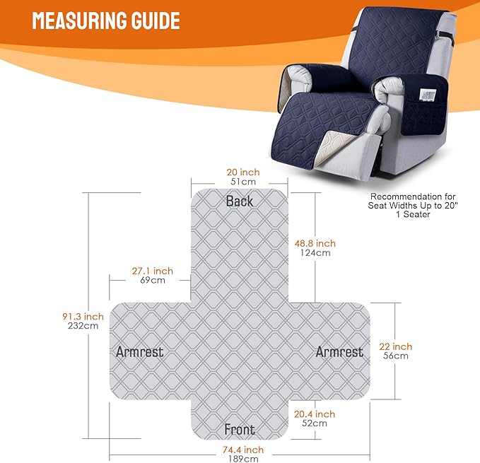 VANSOFY 100% Waterproof Recliner Chair Covers, Recliner Cover Non-Slip Dog Chair Cover Furniture Protector Washable Slipcover with Pocket, Elastic Straps for Pets, Dogs(Dark Blue, 20")