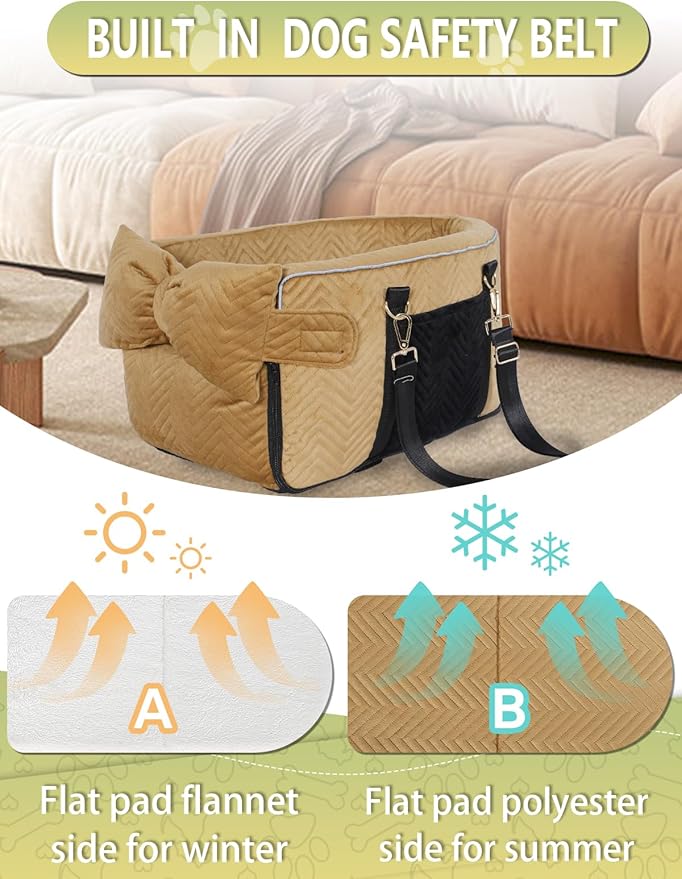 Prpeko Small Dog Car Seat, Portable Dog Seat with Soft Washable Cushion,Center Console Dog Car Seat for Small Dogs Up to 13lbs(Brown)