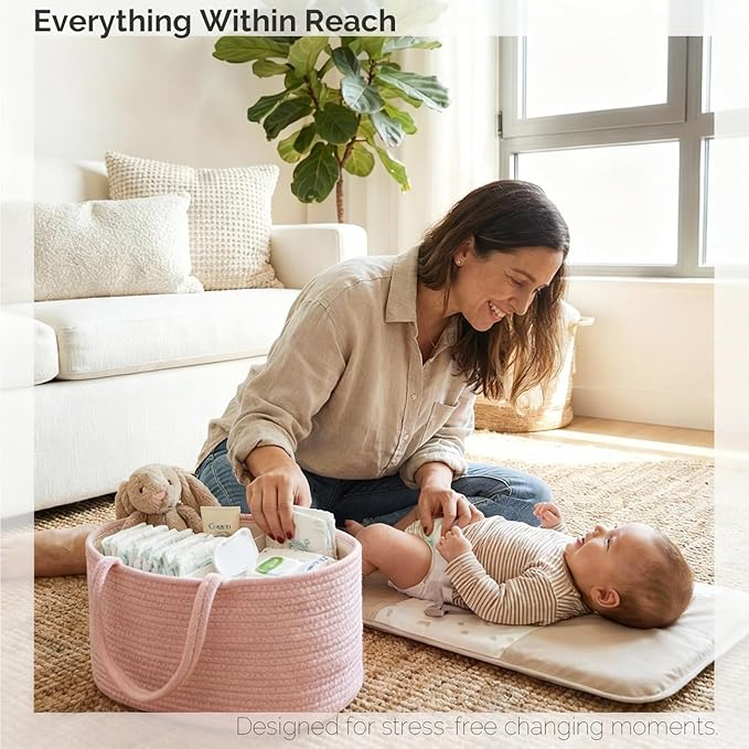 luxury little Diaper Caddy Organizer, Large Cotton Rope Nursery Baby Basket, Changing Table Organizer for Baby Diaper Storage, Portable Car Organizer Removable Divider (Light Pink, Extra Large)