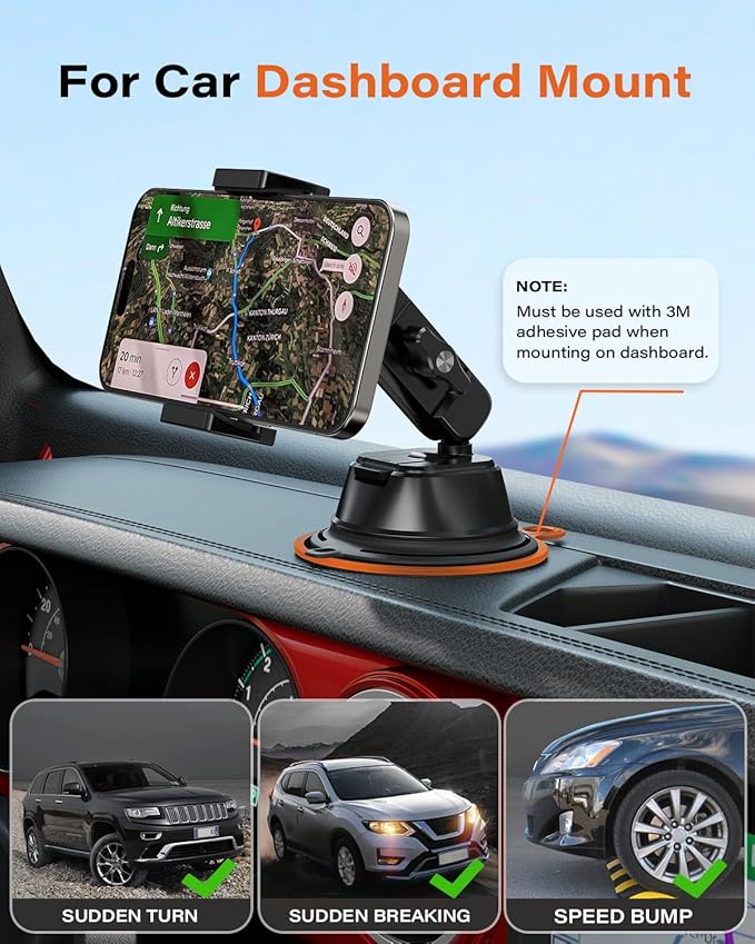 A2C Heavy Duty Suction Cup Phone Mount with Aluminum Alloy Arm & Clamp, 66LBS Vacuum Suction Phone Mount for Windshield Dashboard, Universal Car Phone Holder for All Phones Fit Jeep Wrangler, F150