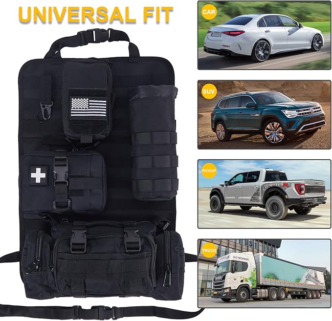 BXBXHD Universal Tactical Car Seat Back Organizer Bag Tactical Molle Vehicle Organizers Panel Vehicle Protector Organizers with 4 Detachable Pouches for Car Truck Ford Jeep Vehicle (Black)