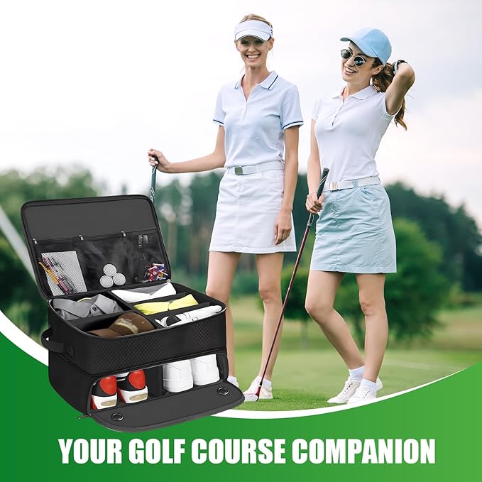 Golf Trunk Organizer Storage with Separate Compartment for 2 Pair Shoes Up to US Mens 16,2 Layer Golf Trunk Organizer,Waterproof Car Trunk Locker for Balls, Tees,Gifts for Golfers