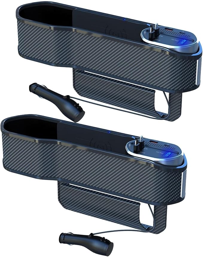 2 pcs Car Seat Gap Filler Organizer,Storage Box with Cup Holder Dual USB Ports,2 Charging Cables and Wireless Charger and Type-C & Quick Charge USB Ports for Cars, SUVs & Trucks