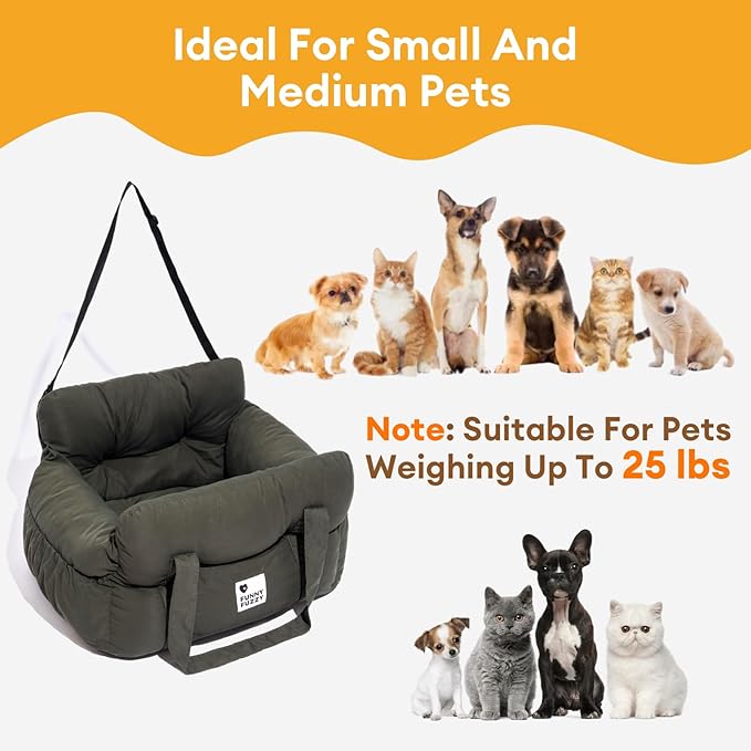 Funny Fuzzy Dog Car Booster Seat for Small Medium Dogs Up to 25lbs, Waterproof Fabric with Non-Slip Base & Safety Leash, Fully Detachable & Machine Washable (Army Green)