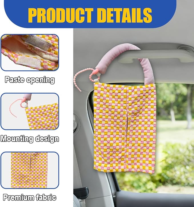 Car Tissue Holder, Checkered Pattern Car Backseat Napkin Holder, Rectangular Canvas Hanging Auto Tissues Box, Universal Vehicle Storage Organizer Accessory for Phone, Small Items (Pink)