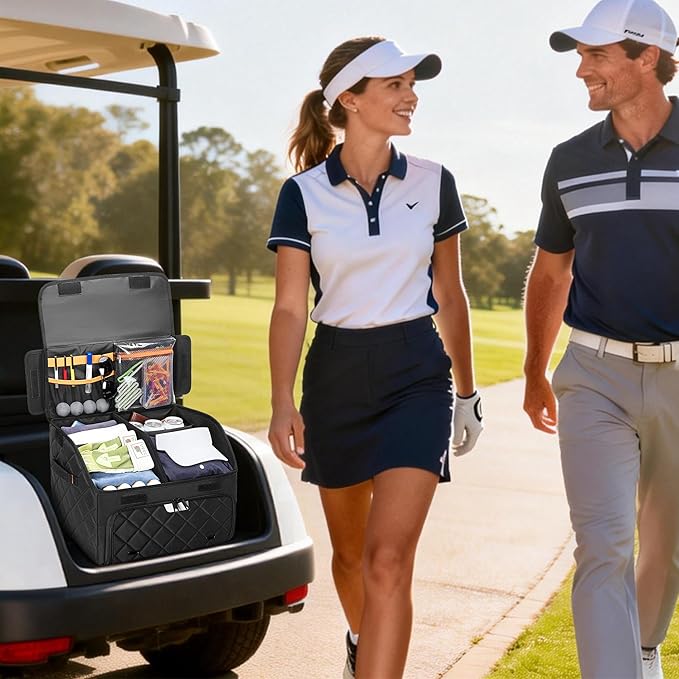 Upgraded Golf Trunk Organizer, Golf Car Organizer with Separate Ventilated Compartment for 2 Pair Shoes, Golf Storage with Multi-Compartment for Golf Accessories, Gifts for Golfers